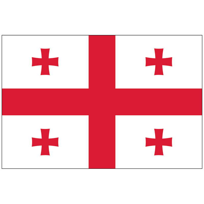 Load image into Gallery viewer, Official Nylon World Flag of Georgia (Republic), known as the Five Cross Flag. It features a white field with a large central red Saint George's cross extending to the edges, and four smaller red Bolnisi crosses in each of the four white quadrants.