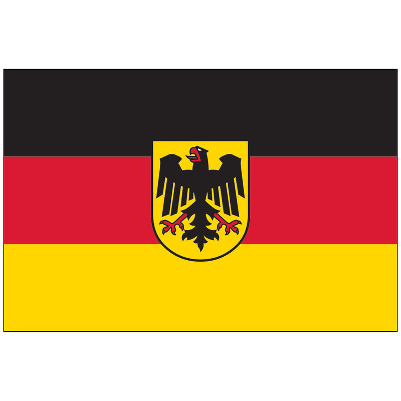 Load image into Gallery viewer, Official Federal Institutions Flag of Germany (Bundesdienstflagge), featuring the horizontal black, red, and gold tricolor with the yellow federal shield and black eagle (Bundesschild) emblem centered on the red stripe. This flag is reserved for government use.