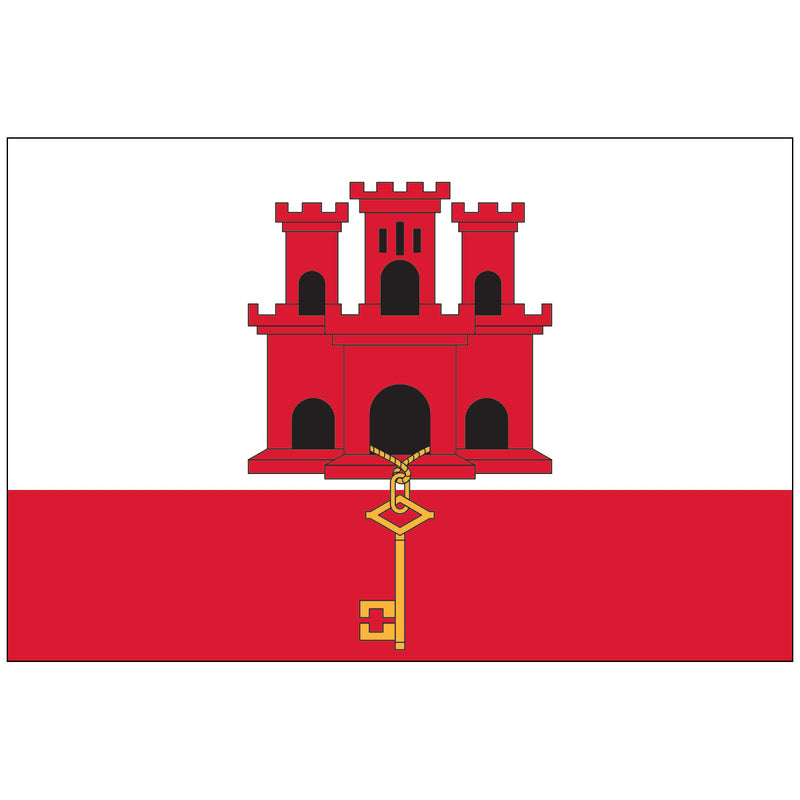 Load image into Gallery viewer, The Nylon flag of Gibraltar, featuring two horizontal bands of white (top, double width) and red (bottom). The white field contains a prominent three-towered red castle, from whose central gate hangs a large golden key extending into the lower red stripe, symbolizing Gibraltar's role as the key to the Mediterranean.