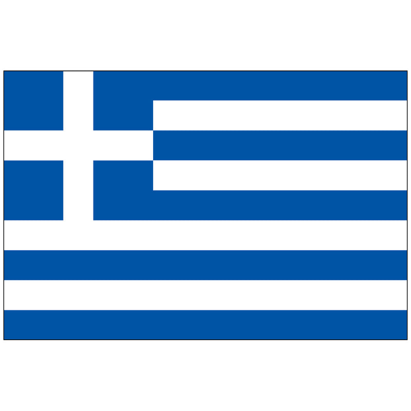 Load image into Gallery viewer, The official National Flag of Greece (Galanólefki), featuring nine alternating horizontal stripes of deep blue (sea/sky) and white (purity/freedom). A white cross, symbolizing Greek Orthodox Christianity, is prominently placed in the upper blue canton.