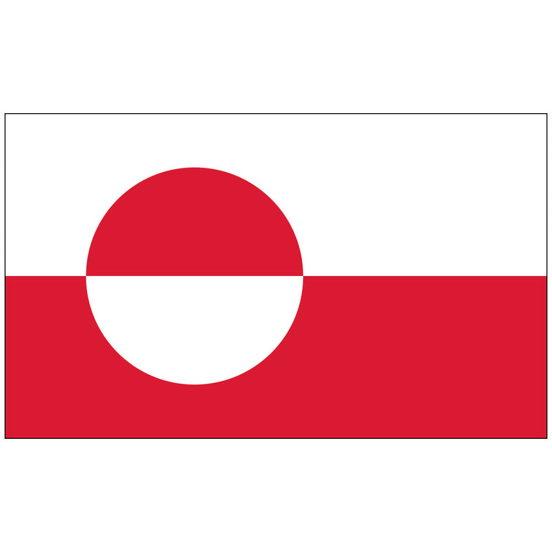 Load image into Gallery viewer, The official Greenland National Flag (Erfalasorput), featuring a top white stripe (representing the ice cap) and a bottom red stripe (the ocean). A large, off-center disk is vertically bisected: red on the top (the sun) and white on the bottom (icebergs), creating a counter-changed effect.