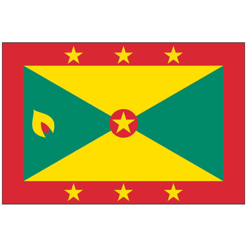 Load image into Gallery viewer, The National Flag of Grenada features a unique design with a bold red border containing six yellow stars (representing the six parishes). The center is quartered diagonally with yellow (wisdom/sun) and green (vegetation/agriculture) triangles. A stylized nutmeg pod, representing the "Isle of Spice" economy, is visible in the hoist triangle.