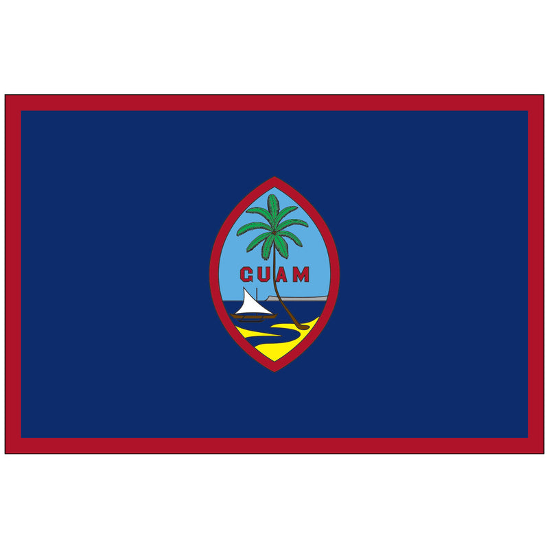 Load image into Gallery viewer, The Nylon Territorial Flag of Guam features a deep marine blue field surrounded by a thin red border. Centered on the flag is an almond-shaped seal depicting a traditional flying proa outrigger canoe sailing on the ocean next to a beach with a bent coconut palm tree, with "GUAM" in red letters across the middle.