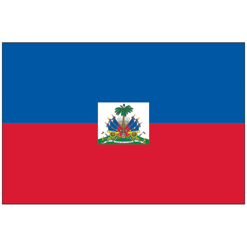 Load image into Gallery viewer, The State Flag of Haiti features two horizontal bands of royal blue (top) and red (bottom), with the detailed national coat of arms centered on a white square panel. The emblem shows a trophy of weapons, a palm tree topped with a Liberty Cap, and the motto "L'Union Fait La Force" (Unity Makes Strength).
