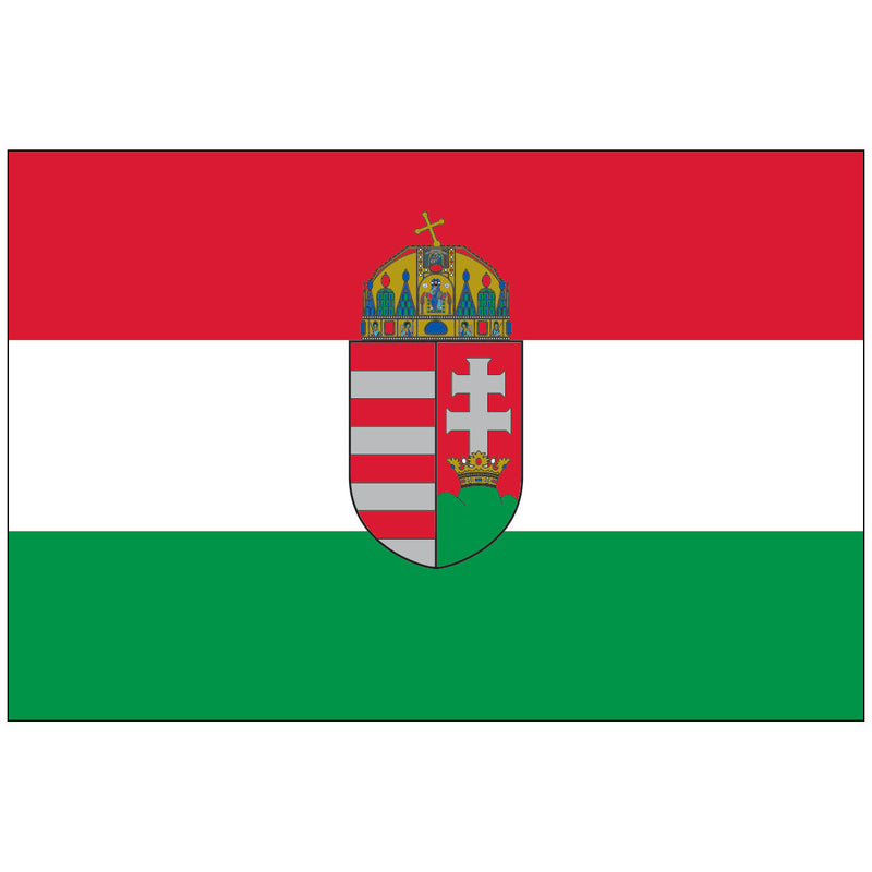 Load image into Gallery viewer, State Flag of Hungary: Red, white, and green horizontal tricolor charged with the Crowned Hungarian Coat of Arms (featuring the Holy Crown of Saint Stephen) in the center.