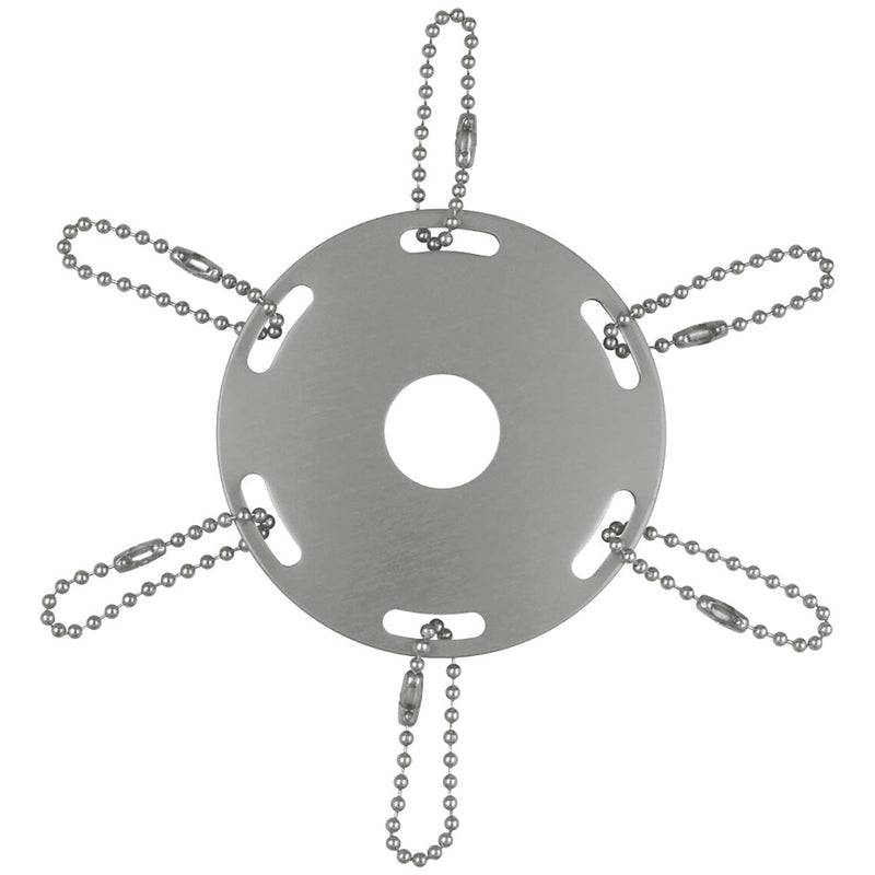Load image into Gallery viewer, Circular indoor flagpole accessory in a brushed silver metal finish, designed to slide onto a pole. It features six chain connectors for displaying ceremonial ribbons or military awards.