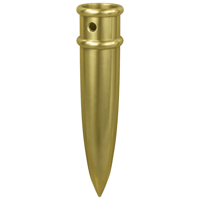 Load image into Gallery viewer, A heavy-duty indoor flagpole ferrule in a polished gold brass finish, featuring a secure socket and a sharp pointed bottom designed to anchor the pole in a presentation floor stand.
