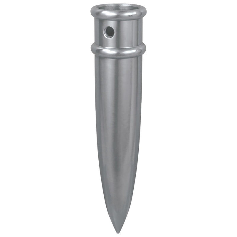 Load image into Gallery viewer, A heavy-duty indoor flagpole ferrule in a polished silver finish, featuring a secure socket for the pole and a sharp pointed bottom designed to anchor the pole in a floor stand.