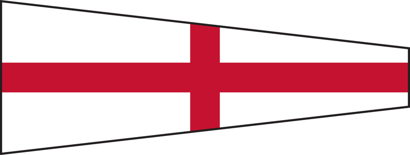 Load image into Gallery viewer, International Code of Signals pennant for the number five, featuring a red cross on a white tapered flag.