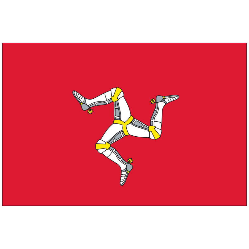Load image into Gallery viewer, The national flag of the Isle of Man, featuring the triskelion emblem of three armored legs on a solid red background.