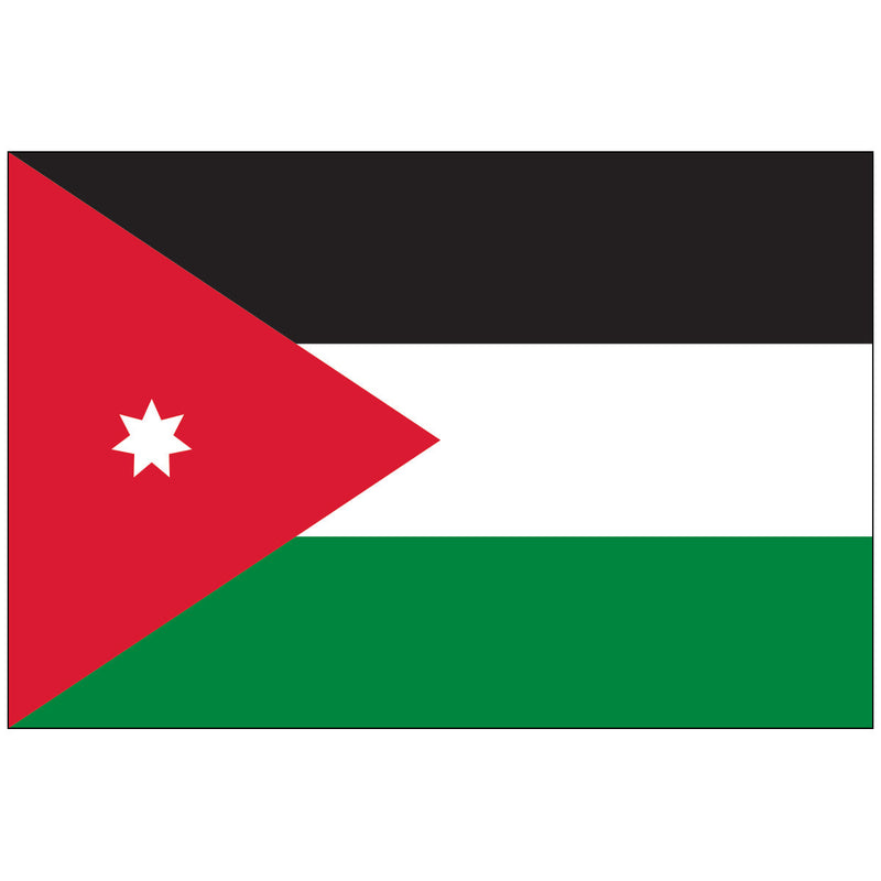 Load image into Gallery viewer, The national flag of Jordan, with black, white, and green stripes and a red triangle holding a white seven-pointed star.