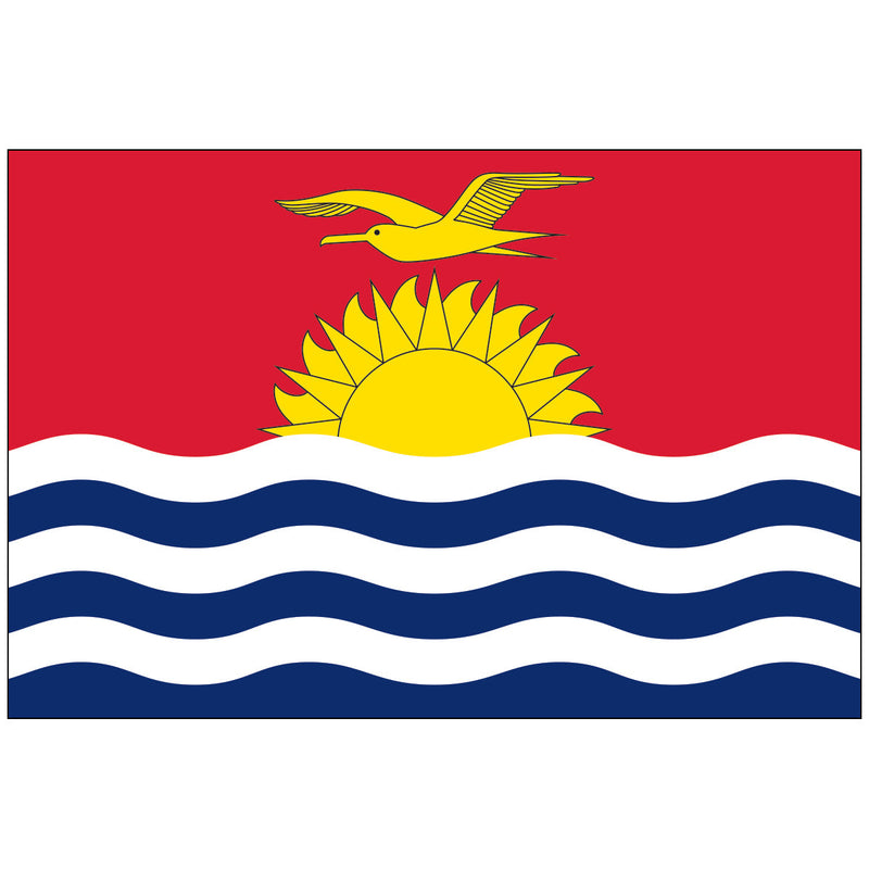 Load image into Gallery viewer, Flag of Kiribati with a red sky, a yellow frigatebird over a rising sun, and blue and white waves representing the ocean.