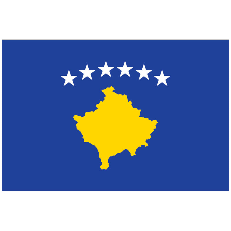 Load image into Gallery viewer, The national flag of Kosovo, featuring a golden map and six white stars in an arc on a solid blue field.