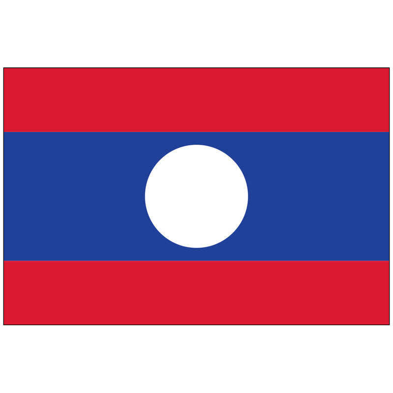 Load image into Gallery viewer, The national flag of Laos, featuring horizontal red and blue stripes with a large white disc in the center.