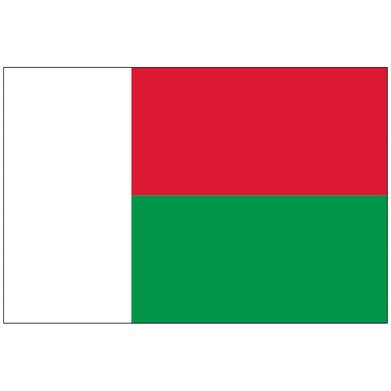 Load image into Gallery viewer, Horizontal Madagascar nylon world flag. The flag features a broad vertical white stripe on the hoist side and two equal horizontal stripes on the fly side: red on top and green on the bottom.