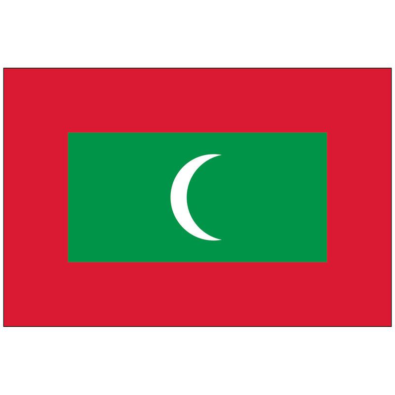 Load image into Gallery viewer, Horizontal Maldives nylon world flag featuring a large red rectangular border surrounding a central green rectangle. The green center holds a large, stylized white crescent moon.