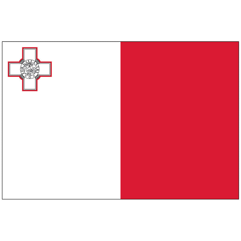 Load image into Gallery viewer, Horizontal Malta nylon world flag with two equal vertical stripes: white on the hoist and red on the fly. The white stripe features the outline of the George Cross in red, a medal awarded to Malta by King George VI.