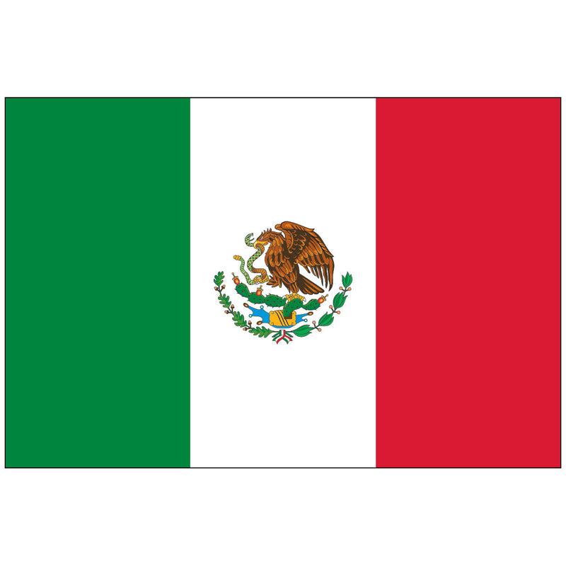 Load image into Gallery viewer, Horizontal Mexico World Flag with vertical stripes of green, white, and red. The center white stripe features the detailed coat of arms, showing an eagle perched on a prickly pear cactus devouring a snake.