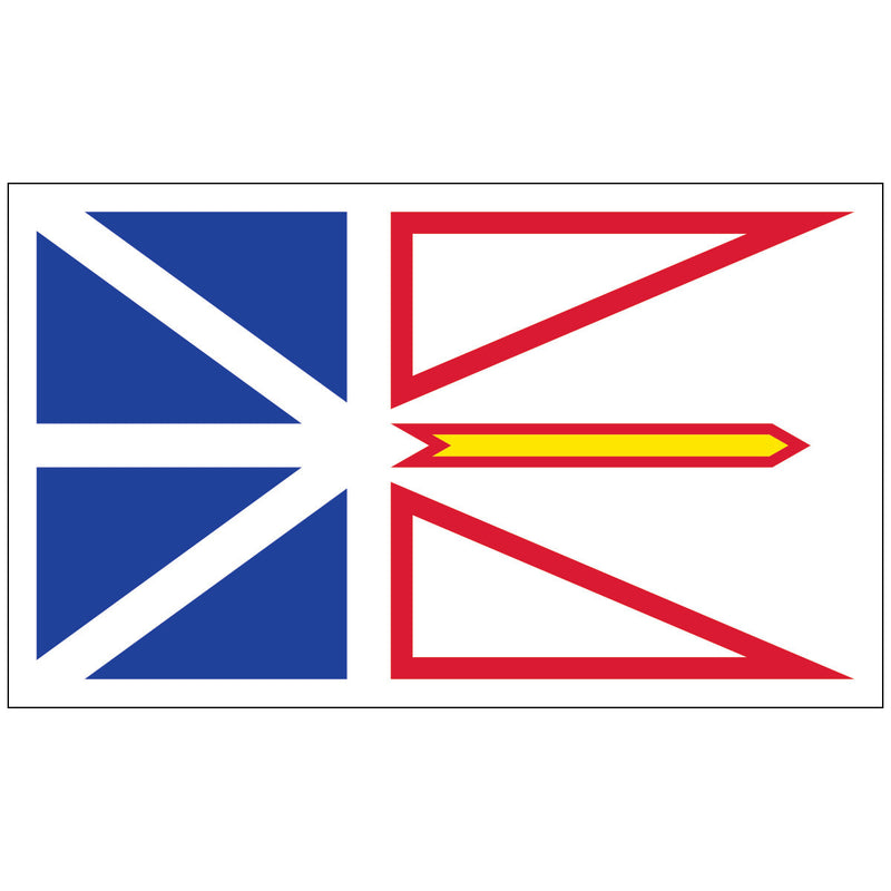 Load image into Gallery viewer, Official Newfoundland and Labrador flag, a stylized design with a blue, white, and red Union Jack pattern on the hoist, and a golden arrow on the fly, signifying the future.