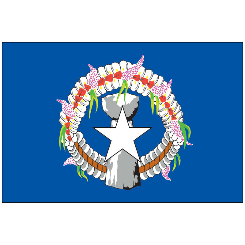 Load image into Gallery viewer, Northern Mariana Islands nylon territory flag featuring a white star over a gray latte stone, surrounded by a vibrant floral wreath on a deep blue background, symbolizing cultural heritage and island unity.