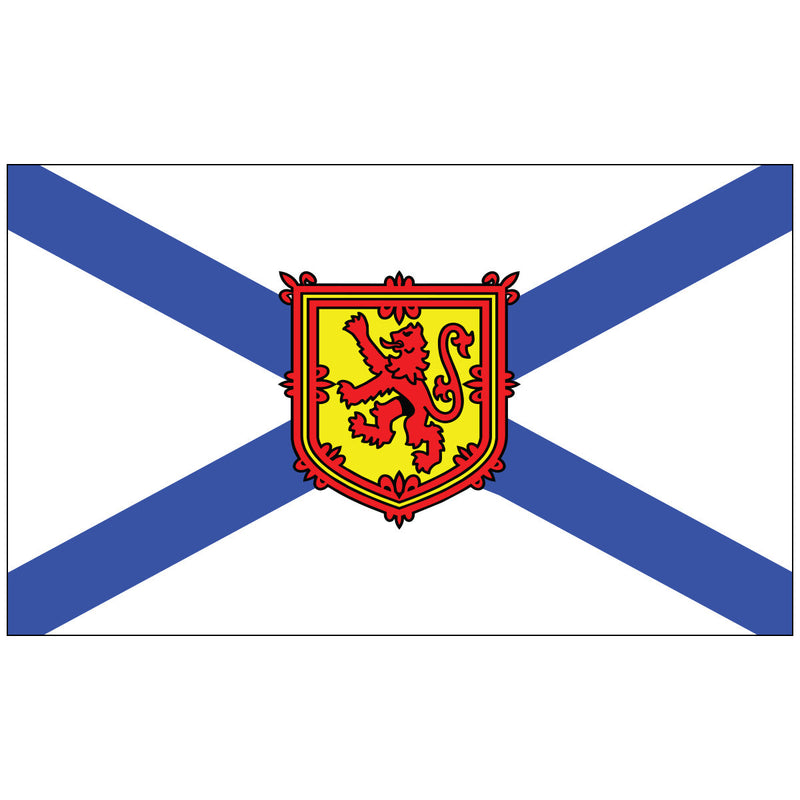 Load image into Gallery viewer, Nova Scotia flag with blue diagonal cross on white background and red lion crest in center.