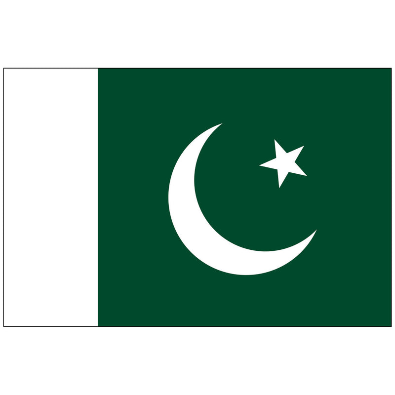 Load image into Gallery viewer, Pakistan national flag featuring a white vertical stripe and a dark green field with a white crescent moon and five-pointed star.