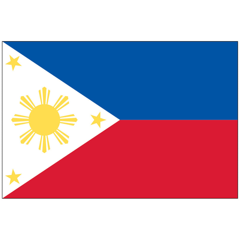 Load image into Gallery viewer, Philippines world flag featuring horizontal blue and red stripes with white triangle containing golden yellow sun with eight rays and three five-pointed stars