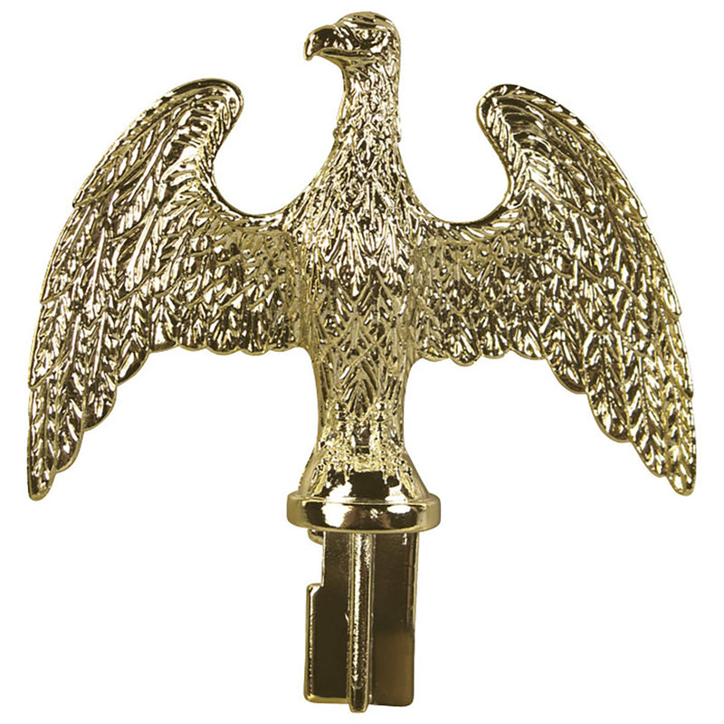 Load image into Gallery viewer, Plastic slip fit eagle ornament for indoor aluminum poles in bright polished gold finish featuring spread wings with detailed feather texture and square mounting base