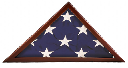 Load image into Gallery viewer, Triangular wood Presidential Flag Case displaying the blue canton and several white stars of a folded American flag.
