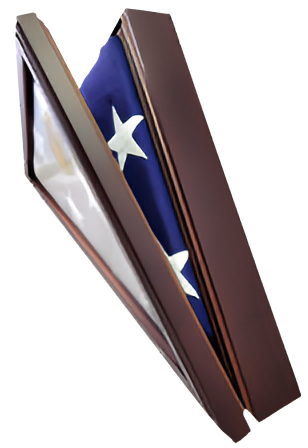 Load image into Gallery viewer, Side profile of the wood-framed Presidential Flag Case, showing the thickness of the triangular display box.