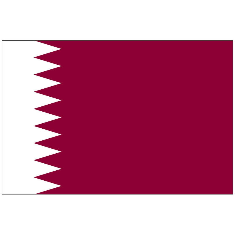 Load image into Gallery viewer, High-quality nylon Qatar World Flag featuring the distinctive design of a broad maroon field on the fly side and a white field on the hoist side. The two colors are separated by nine sharp, white triangular points, representing the country's inclusion as the 9th member of the Trucial Coast-Qatar Treaty.