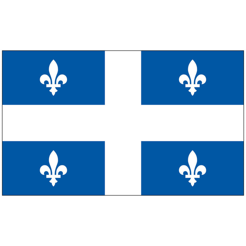 Load image into Gallery viewer, Horizontal Quebec nylon world flag (Fleurdelisé) with a white cross dividing the field into four equal blue quadrants. Each blue quadrant features a white fleur-de-lis, the symbol of the province of Quebec.