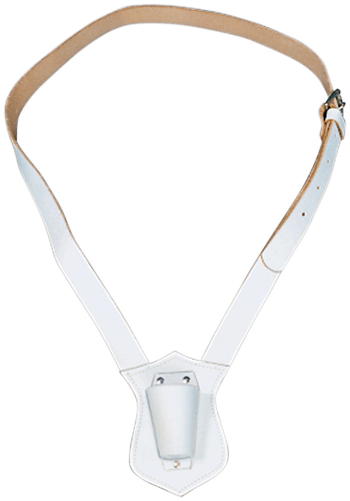 Load image into Gallery viewer, White Single Strap Leather Carrying Belt (sling) with a parade pole cup for color guards.