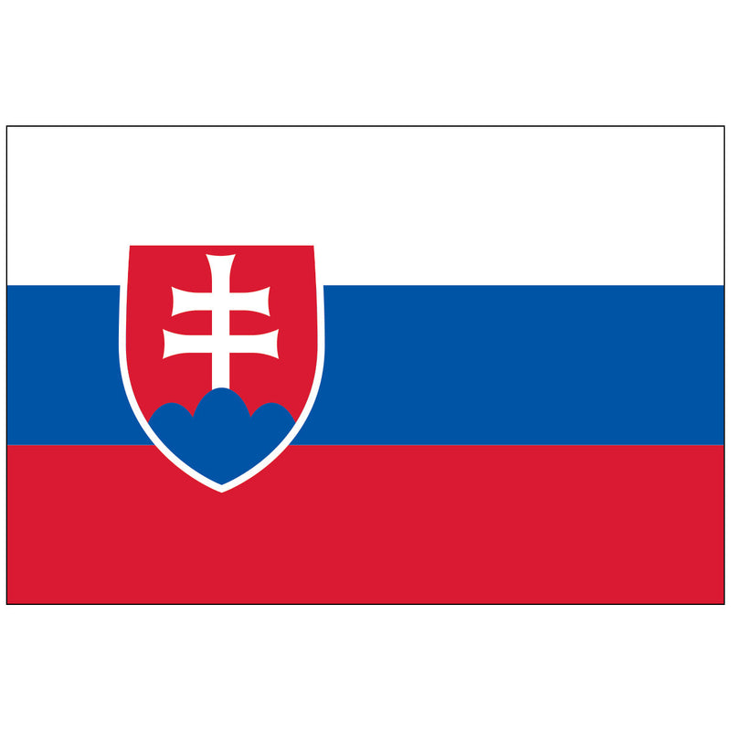 Load image into Gallery viewer, Flag of Slovakia with horizontal stripes of white, blue, and red from top to bottom. A red shield with a white double cross and blue hills is on the left.