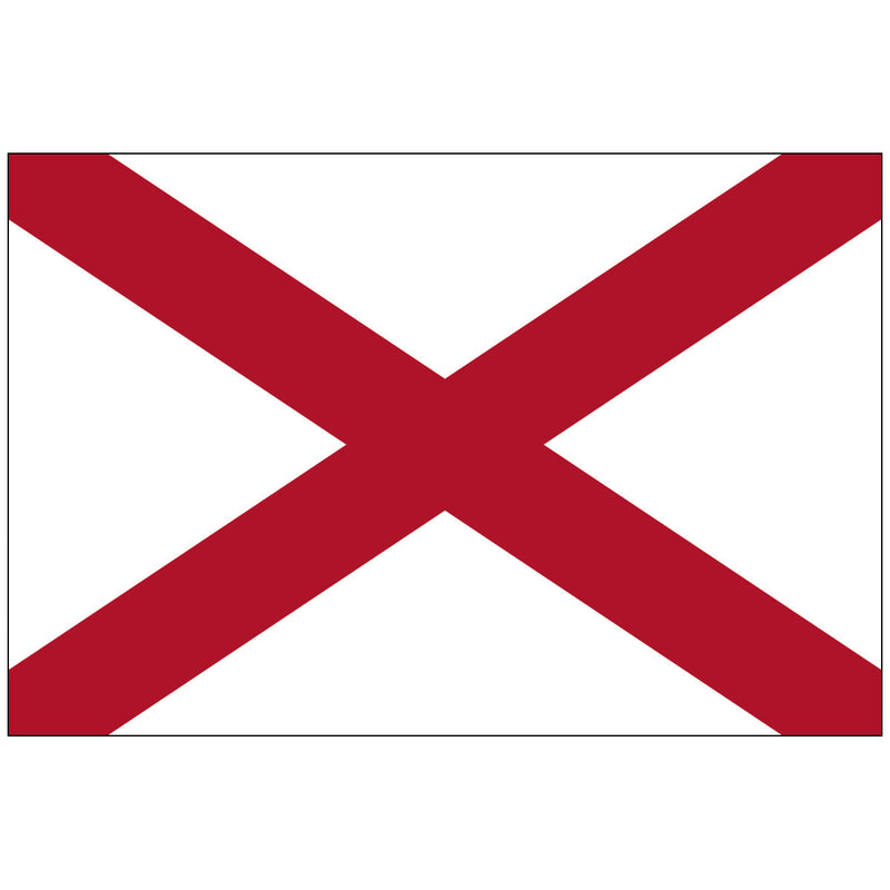 Load image into Gallery viewer, Official State Flag of Alabama, featuring a crimson red diagonal cross (Saltire or St. Andrew's Cross) that extends from corner to corner over a pure white rectangular field, representing valor and peace.