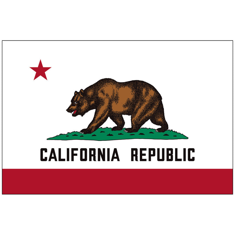 Load image into Gallery viewer, The official State Flag of California (The Bear Flag), featuring a bold brown Grizzly bear walking on green grass and a single red five-pointed star on a white field. The bottom includes a wide red stripe and the words "CALIFORNIA REPUBLIC" in black capital letters.