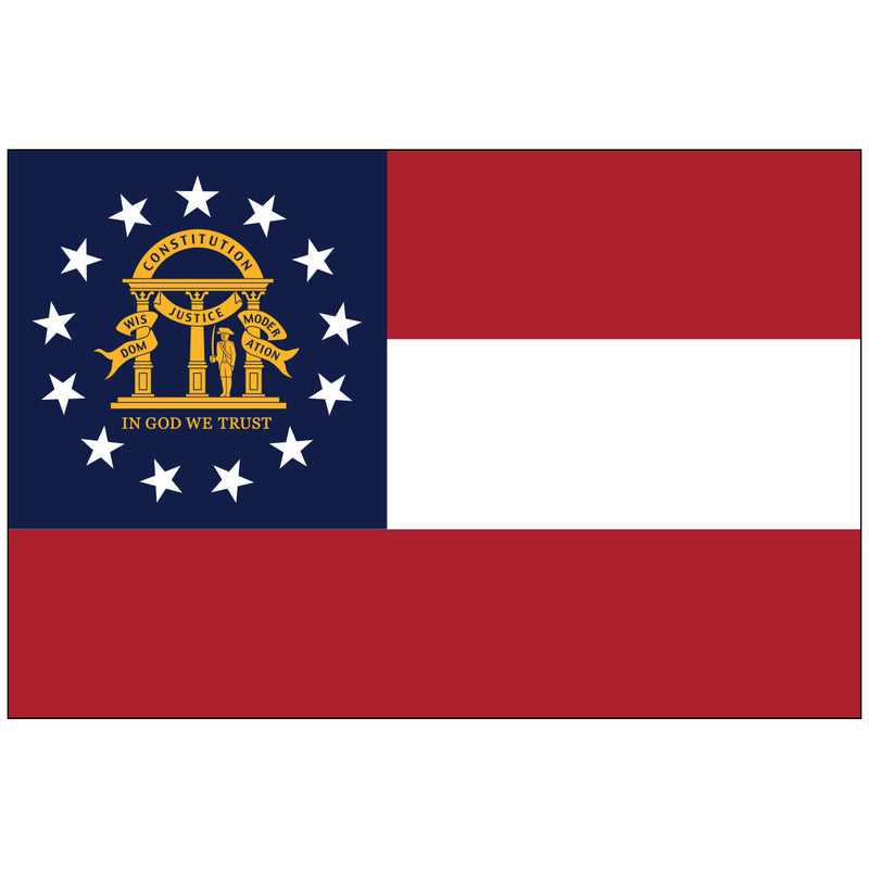 Load image into Gallery viewer, Georgia state flag featuring three horizontal red, white, and red stripes with a blue canton containing a gold arch and thirteen white stars encircling the state motto.