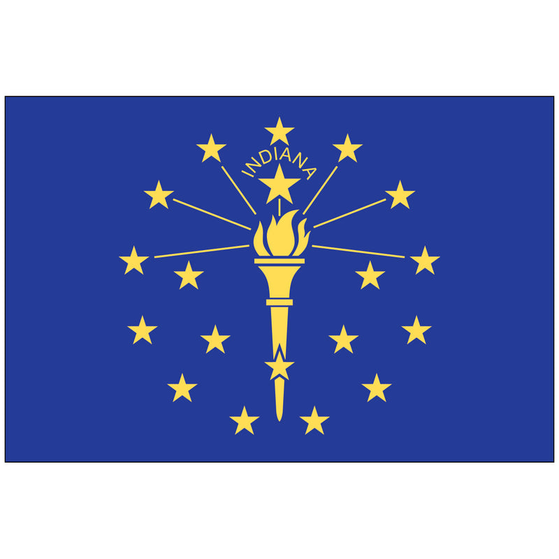 Load image into Gallery viewer, Indiana state flag with a gold torch surrounded by nineteen stars on a blue background, symbolizing liberty and enlightenment.