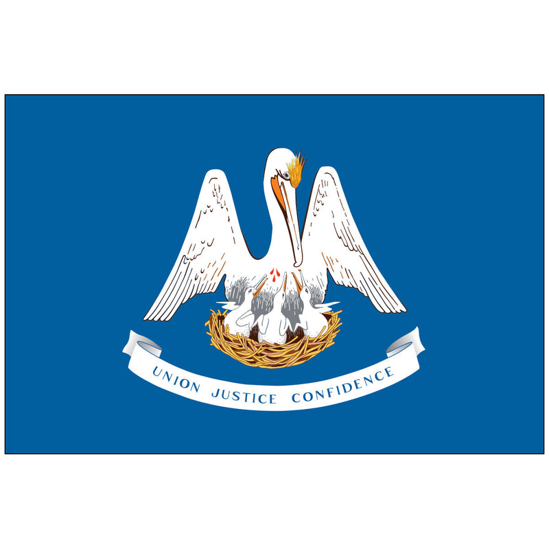 Load image into Gallery viewer, Louisiana state flag featuring a pelican feeding her chicks with her own blood above a banner reading “Union, Justice, Confidence” on a blue background.