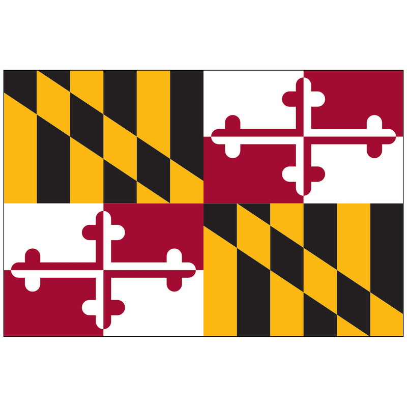 Load image into Gallery viewer, Maryland state flag with alternating black and gold Calvert family chevrons and red and white Crossland crosses in a bold quartered pattern.