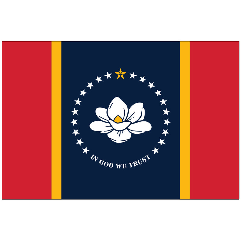 Load image into Gallery viewer, Current Mississippi state flag with a white magnolia blossom centered on a navy blue field, encircled by white stars and a single gold star above, flanked by red panels with gold trim and the motto “In God We Trust.”