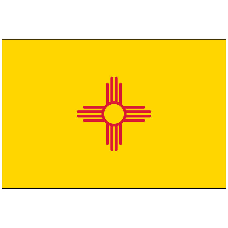 Load image into Gallery viewer, New Mexico state flag with a red Zia sun symbol centered on a bright yellow field, representing the state’s Native American heritage and the four sacred directions.