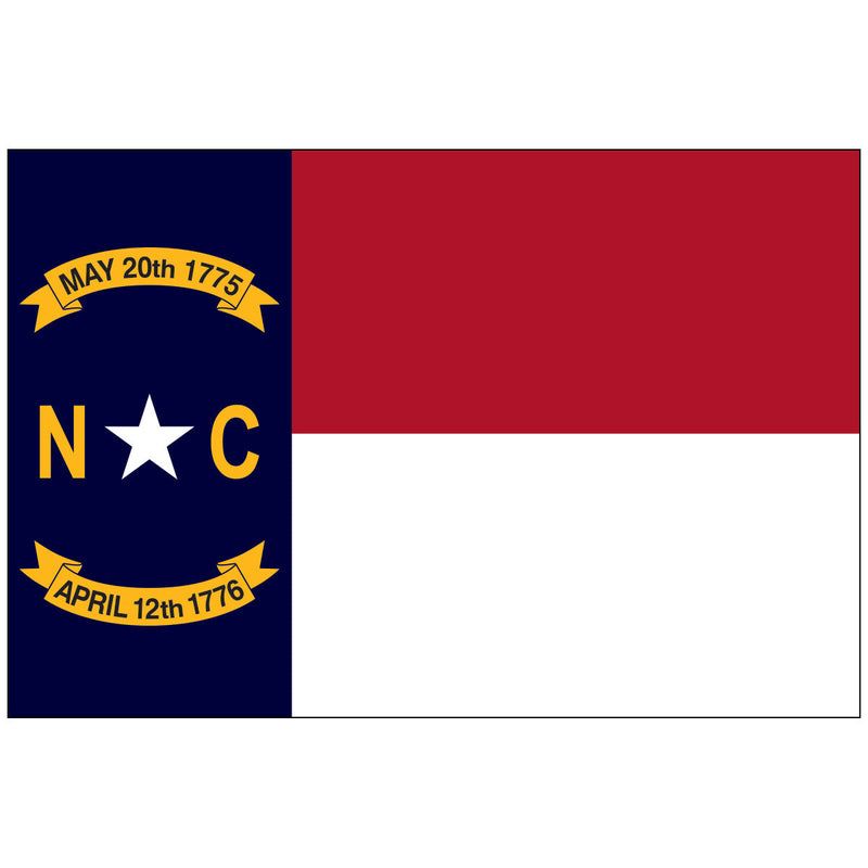 Load image into Gallery viewer, North Carolina state flag with a blue vertical stripe and red-over-white horizontal stripes, featuring a white star, “N C,” and gold banners reading “May 20th, 1775” and “April 12th, 1776.”