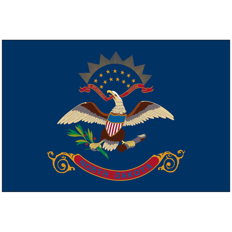 Load image into Gallery viewer, North Dakota state flag featuring a bald eagle holding olive branches and arrows beneath a red banner reading “E Pluribus Unum,” with a sunburst and blue field bearing the words “North Dakota.”