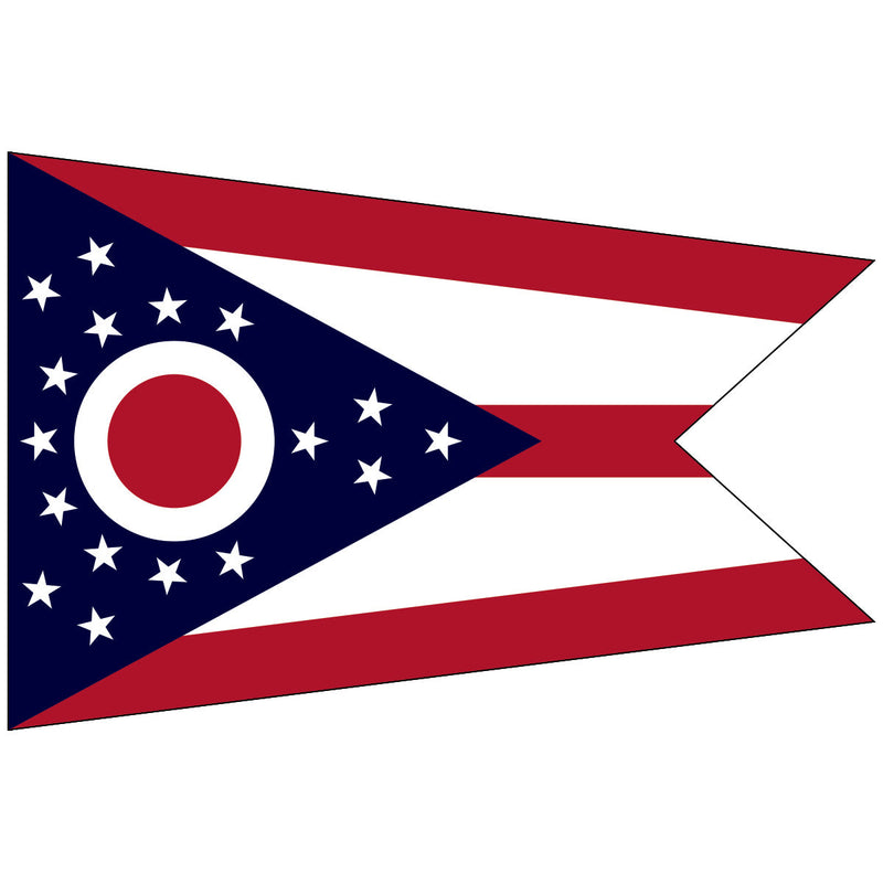 Load image into Gallery viewer, Ohio state flag with a unique swallowtail design, featuring red and white stripes, a blue triangle with white stars, and a red circle surrounded by a white “O” shape symbolizing the state’s initial.