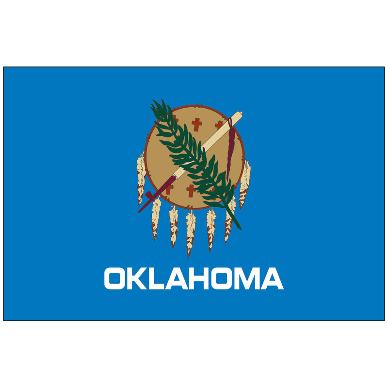 Load image into Gallery viewer, Oklahoma state flag featuring a sky-blue field with a traditional Osage Nation buffalo-skin shield adorned with eagle feathers, a peace pipe, and an olive branch crossed over it, symbolizing unity and peace.