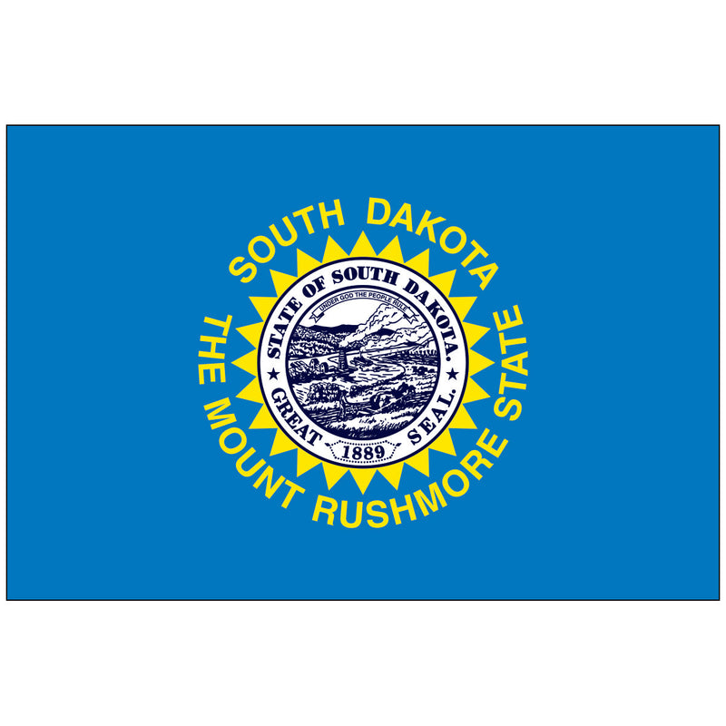 Load image into Gallery viewer, South Dakota state flag with the state seal centered on a sky-blue field, surrounded by a gold sun and the words “South Dakota – The Mount Rushmore State.”