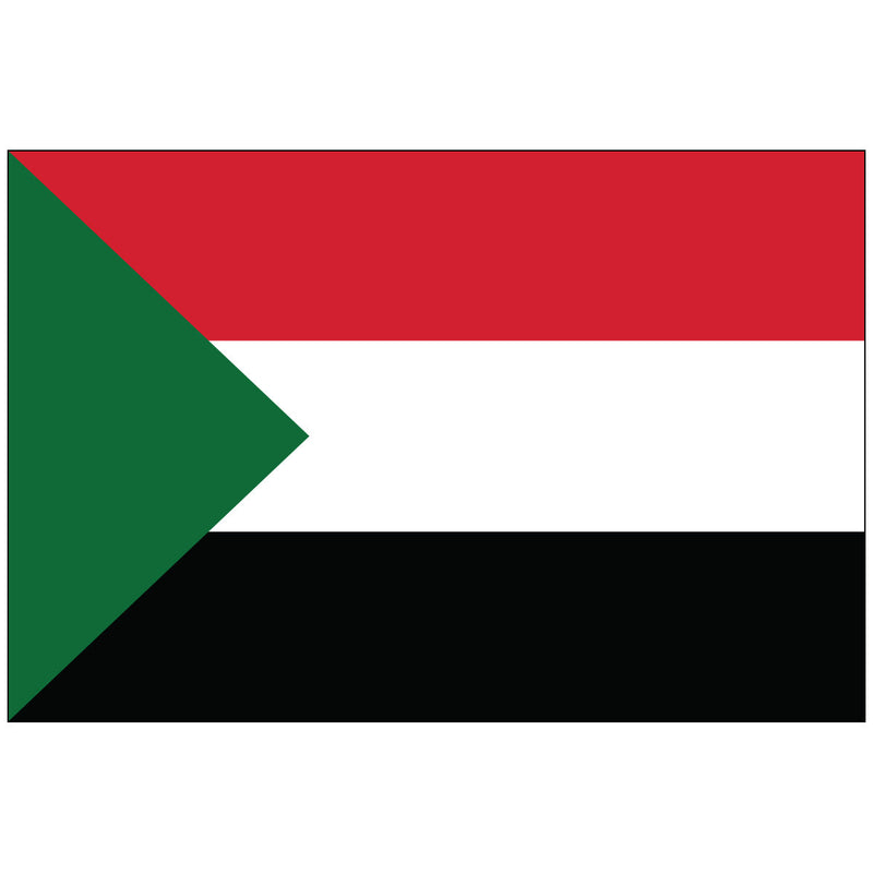 Load image into Gallery viewer, Flag of Sudan with horizontal stripes: red on top, white in the middle, and black at the bottom. A green triangle is on the left side.