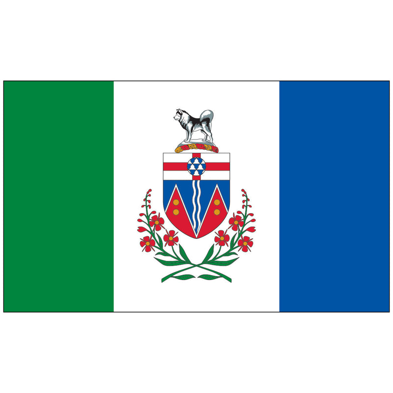 Load image into Gallery viewer, A flag featuring the Yukon emblem against a blue and green background, with a white horse and flower on the emblem.