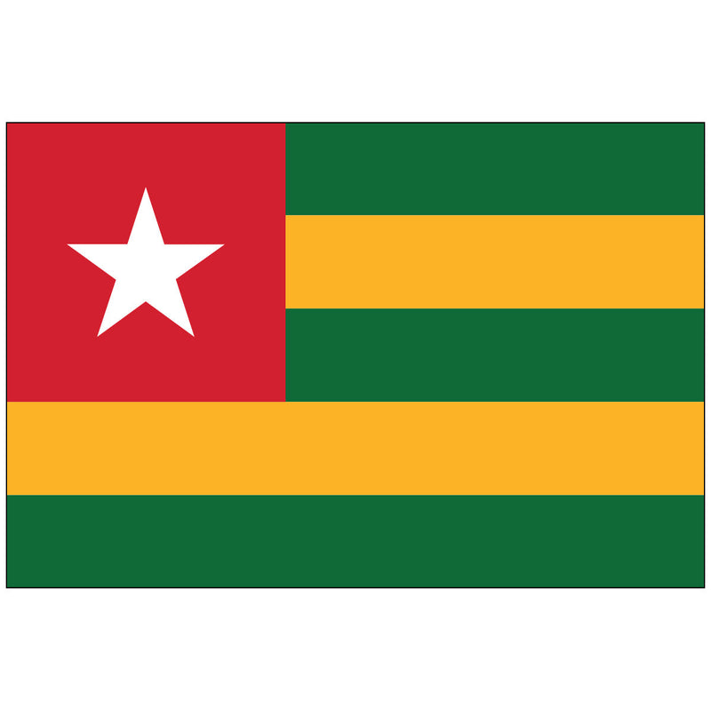 Load image into Gallery viewer, The flag of Togo, featuring horizontal stripes in red, yellow, and green, with a white star on the red square in the top left corner.